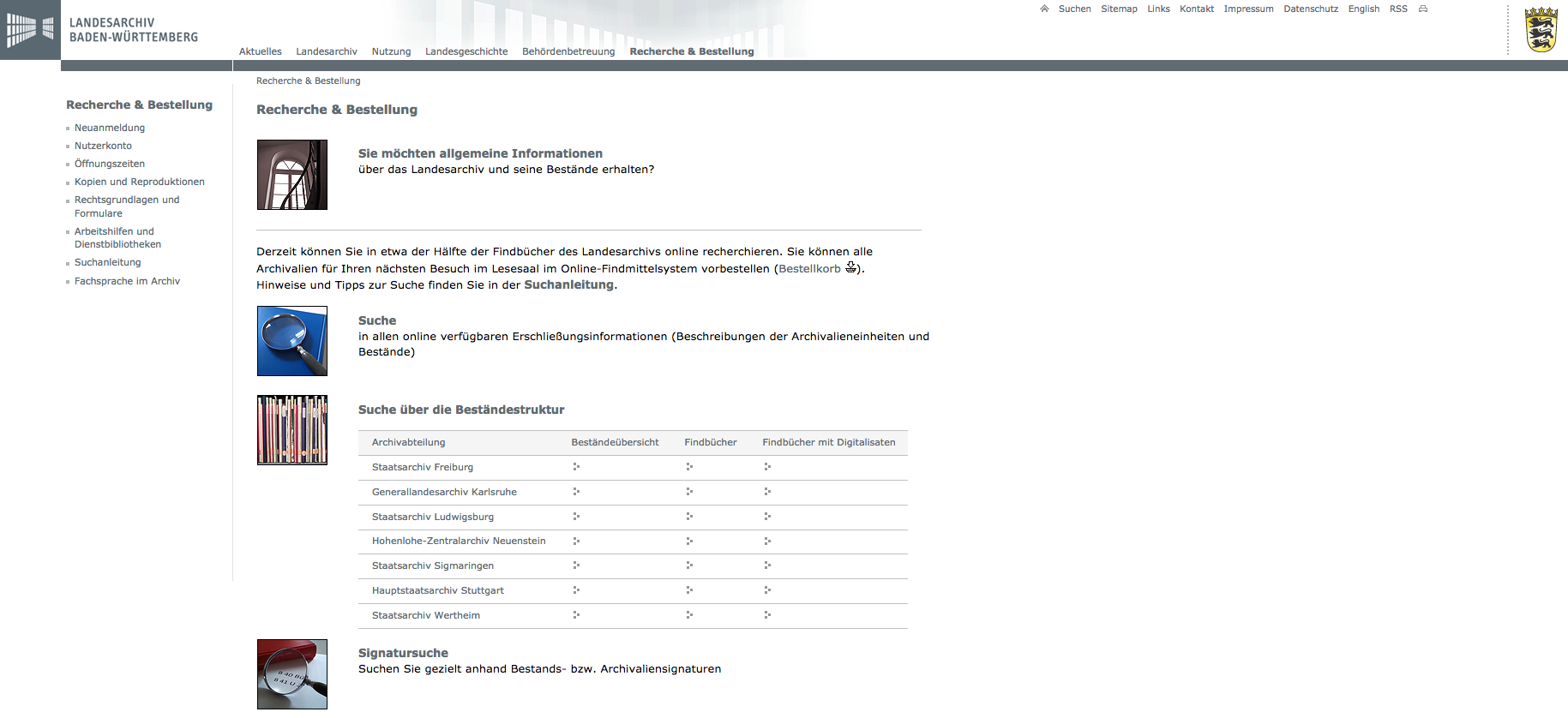  Screenshot Homepage Landesarchiv 