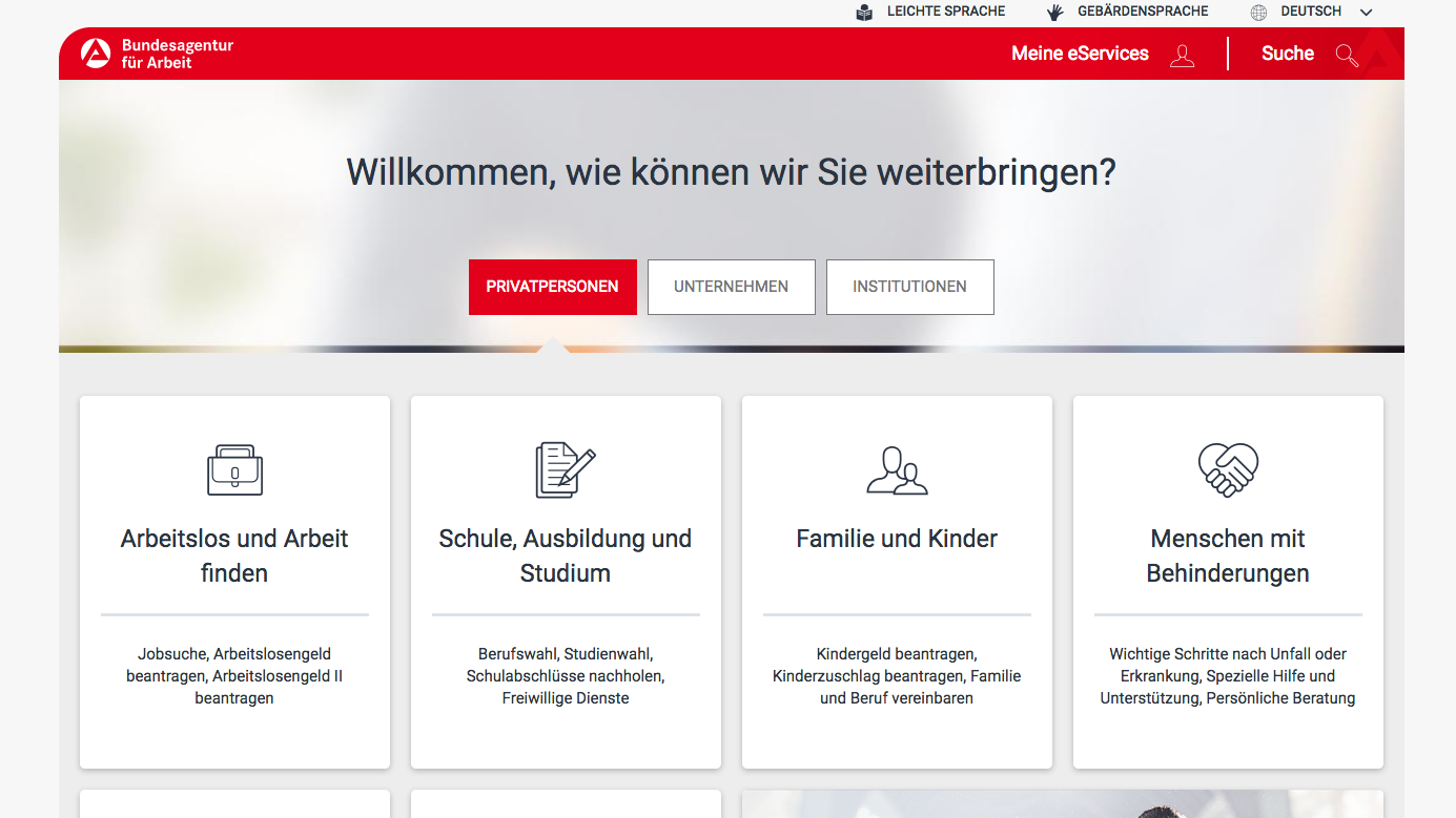  Screenshot Startseite Homepage Bundesagentur für Arbeit 